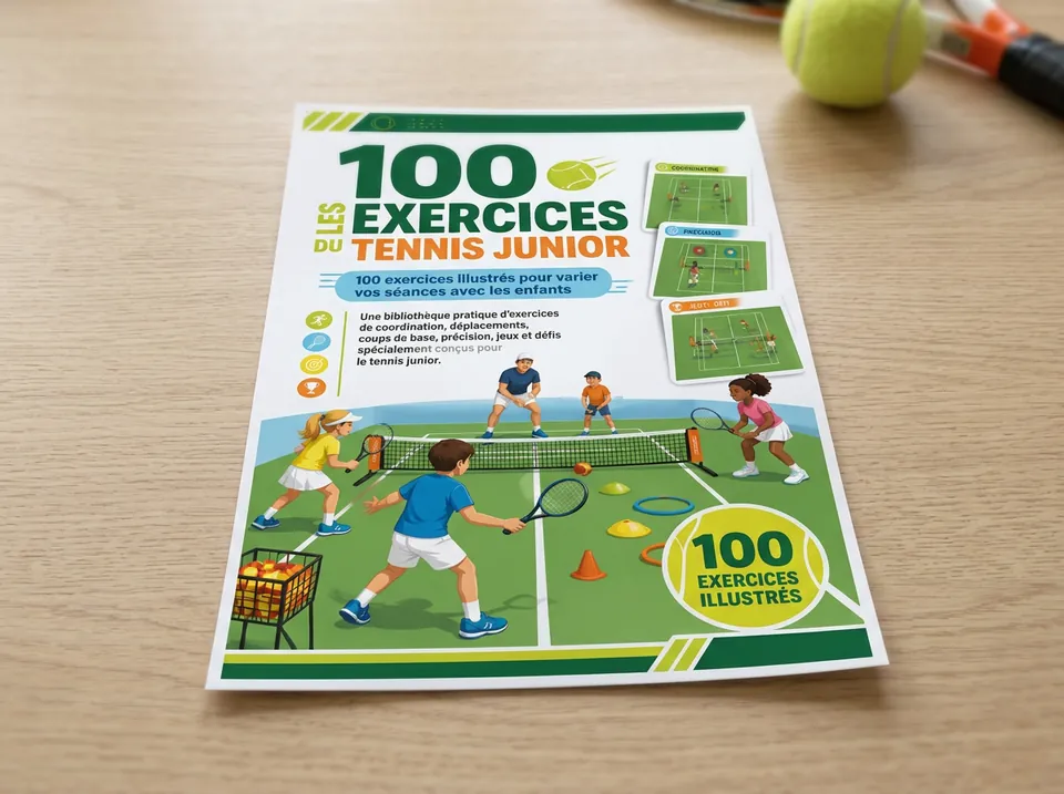 Entraîneur de tennis utilisant le guide Tennis Junior avec des enfants sur le court